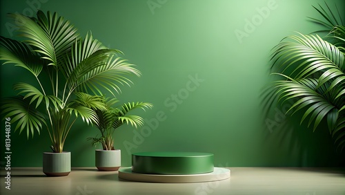 Elegant minimalist mocap background in warm green colours with vegetation with product platform