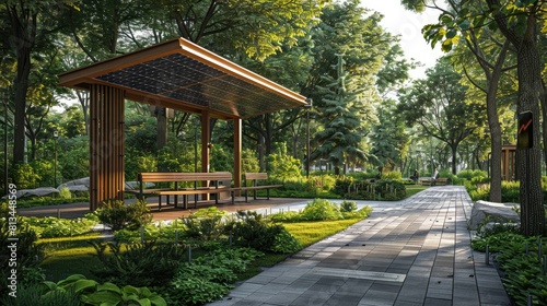 The description for this image is: A park with a wooden pavilion surrounded by lush greenery. photo