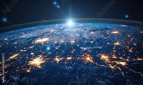 The Earth from space, showing the lights of cities and towns.