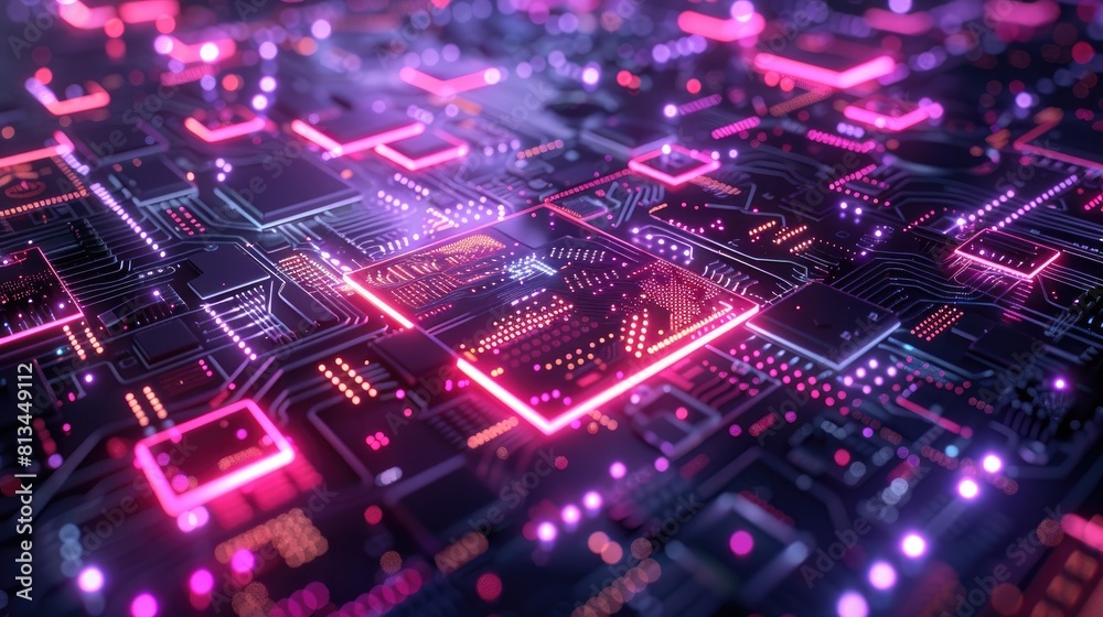 The image is a circuit board with glowing pink and purple lights. The image is a circuit board with glowing pink and purple lights.