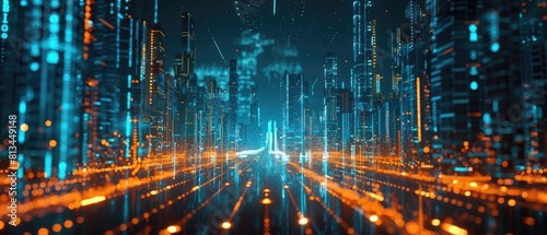 The image is a glowing blue and orange digital cityscape with a road leading through the center.