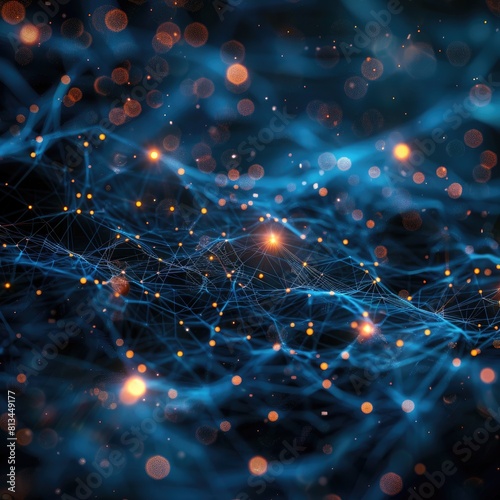 The image is a glowing blue neural network with orange nodes.