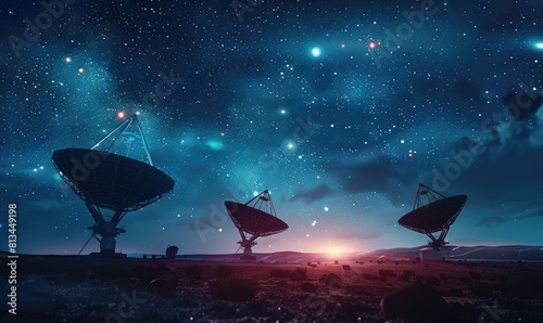 The image is about a beautiful night sky full of stars with a few radio telescopes in the foreground. photo