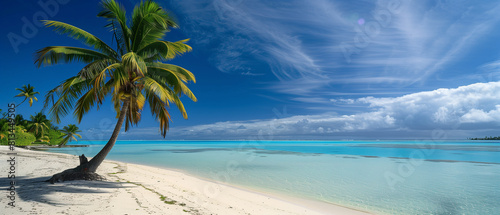 Fototapeta Naklejka Na Ścianę i Meble -  beautiful beach with a palm tree with copy space as holiday concept. generative ai