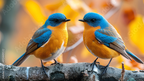 Pair of blue and yellow birds on a branch. © Kubira_ph