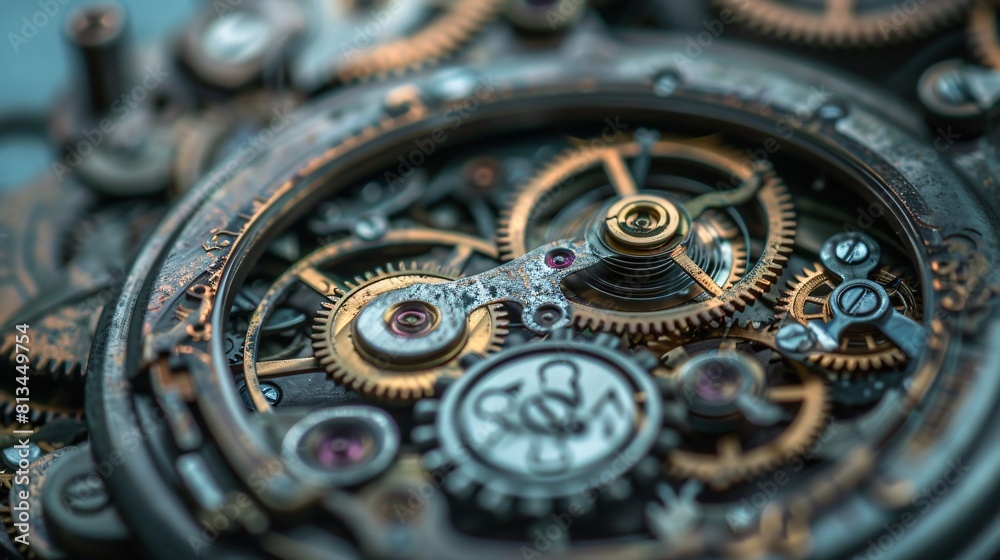 a jumble of steampunk gears and cogs with a shallow depth of field.