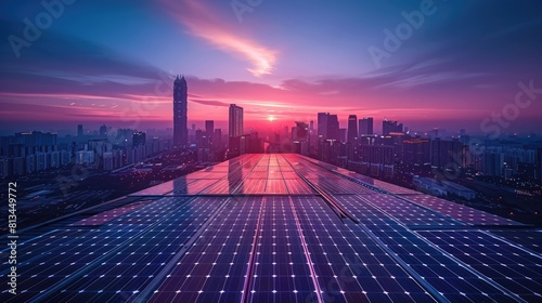 The image shows a beautiful sunset over a city. The sky is a gradient of purple, pink, and blue, and the city is lit up by the setting sun. There are solar panels in the foreground.