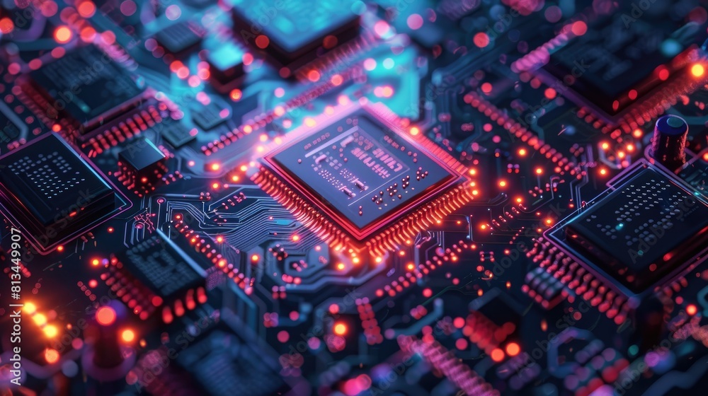 a close-up of a computer chip with red and blue lights. a close-up of a computer chip with red and blue lights.