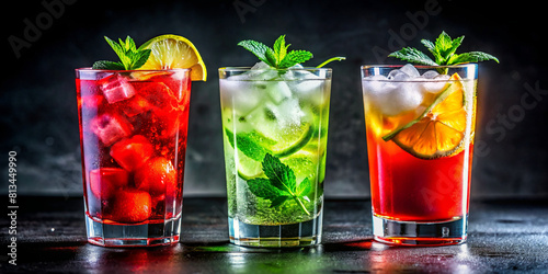 Three refreshing cocktails in glasses against dark backdrop