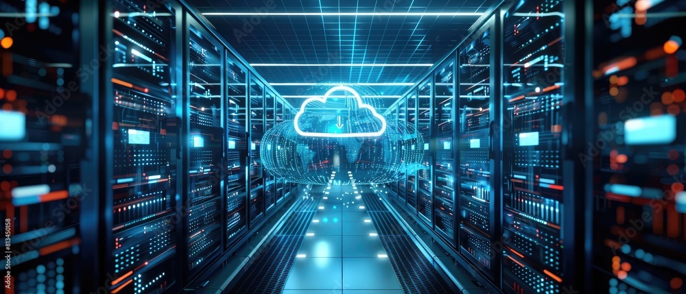 a futuristic data center with rows of servers and a glowing blue cloud in the center. a futuristic data center with rows of servers and a glowing blue cloud in the center.