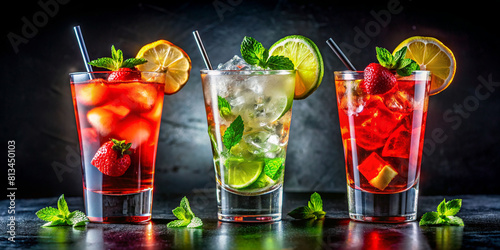 Three refreshing cocktails in glasses against dark backdrop