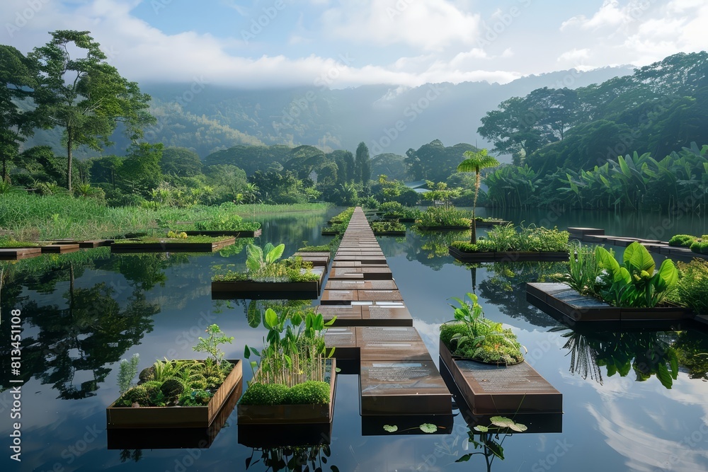 Naklejka premium At a tranquil lake, a floating botanical garden drifts slowly, its paths lined with rare flora and equipped with augmented reality plaques explaining each species ecological impact