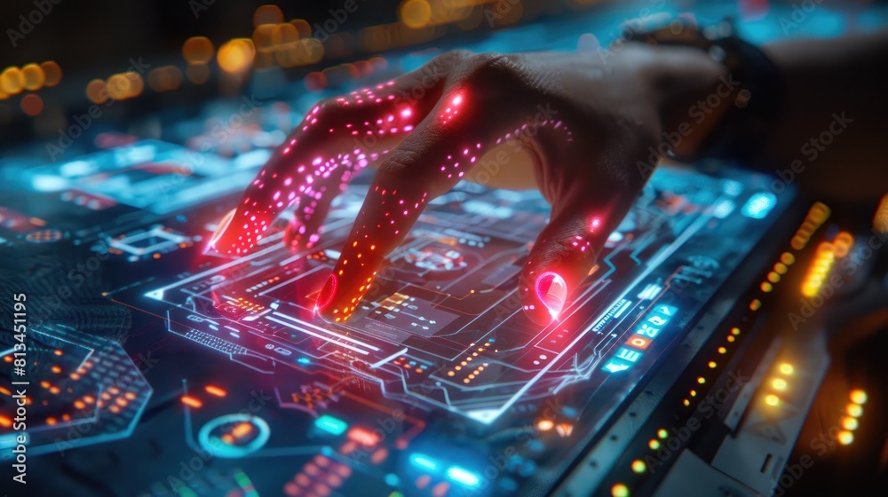 a person in a futuristic setting. He is wearing a glove with a red light on the back. He is touching a control panel with his right hand. a person in a futuristic setting. He is wearing a glove with a red light on the back. He is touching a control panel with his right hand.