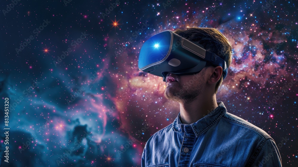 The man wearing a VR headset is immersed in a virtual world. He is surrounded by stars and planets. He can explore the universe and have new experiences. The man wearing a VR headset is immersed in a virtual world. He is surrounded by stars and planets. He can explore the universe and have new experiences.
