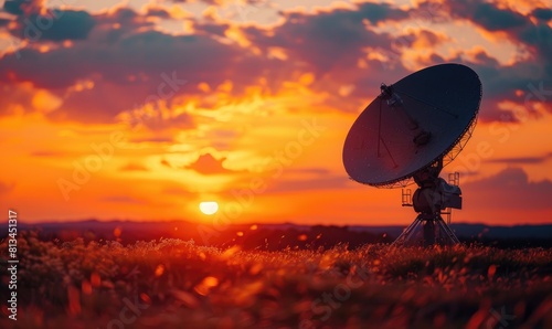 The large satellite dish is pointed at the setting sun. The sky is a deep orange and yellow, with a few wispy clouds. The satellite dish is silhouetted against the sky.