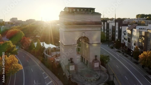 Aerial of Historical Art Museum Millennium Gate Museum triumphal arch structure at sunset, Atlanta, Georgia, USA photo