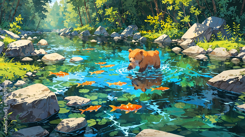 Brown bear cub catching fish in the lake, cartoon drawing illustration.