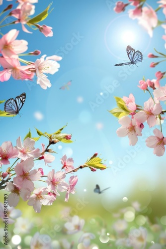Blossoming cherry tree with butterflies under a blue sky