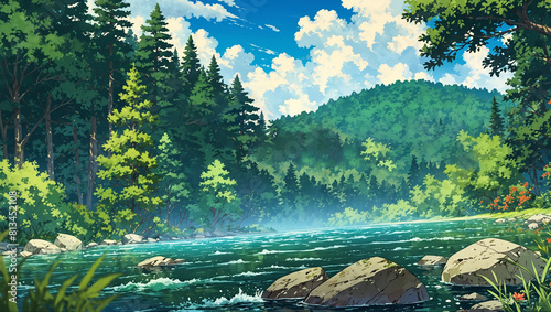 Beautiful illustration artwork of a river stream with a forest landscape.