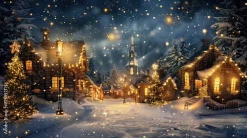 Golden Glow Christmas Eve: a magical Christmas Eve background with a soft golden glow, featuring a quaint village, glowing windows, and a starry sky, capturing the enchantment of the holiday season. 