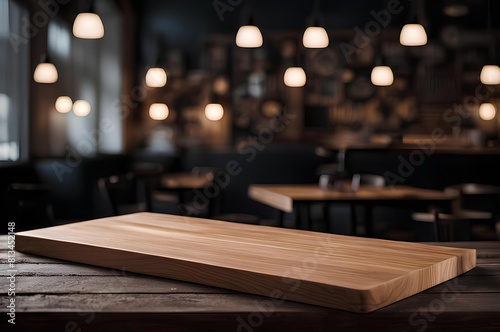 A wooden board is against on cafe blurry background
