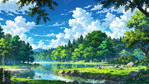 Forest landscape, river, trees, mountains, cloudy blue sky, background illustration.