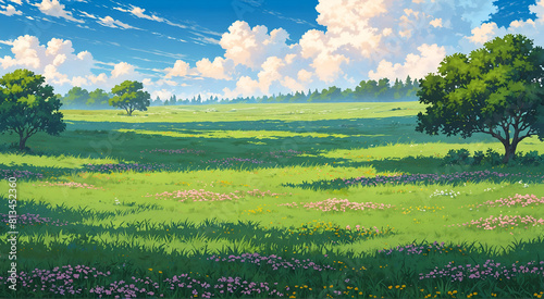Beautiful flowers in a green meadow with a cloudy blue sky illustration art.