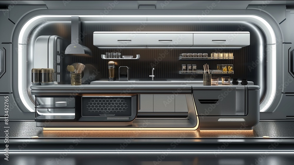 Obraz premium Kitchen Counter With A Futuristic Interior Design. 