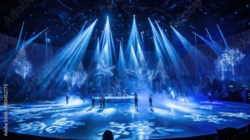 Holiday Ice Skating Spectacular: a magical ice skating show with performers gliding gracefully on a frozen stage, surrounded by dazzling lights and music