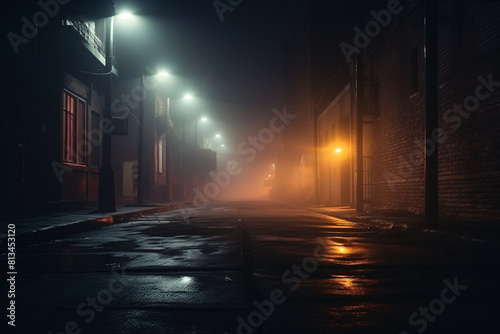 A dark and foggy city street at night with red light peeking through from a window