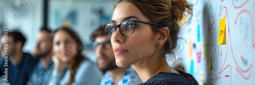 Thoughtful businesswoman wearing glasses looking away during a meeting.