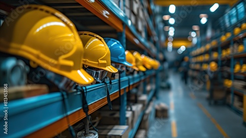 Yellow Safety Helmets on Warehouse Shelf