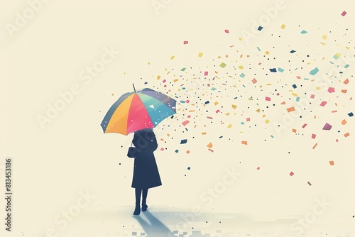 Silhouette with Colorful Umbrella Amidst Confetti