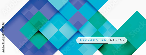 The design features a vibrant color palette with shades of azure, aqua, magenta, and violet on a white background. Geometric shapes like squares and rectangles add a modern touch