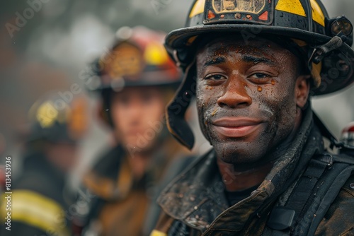 Firefighter smiles slightly, ash-speckled face; soft focus on fellow crew in background. Scene captures brief moment of relief amidst smoky chaos, highlighting camaraderie.