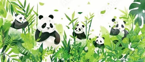 A cute watercolor of a group of pandas munching bamboo in a lush green forest, ideal for nursery wall art, Clipart isolated on white