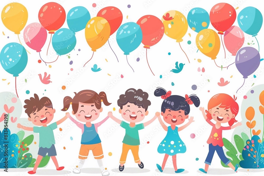 Happy children's day with toys background poster with happy kids vector illustration.