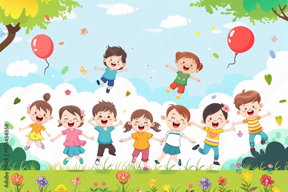 Happy children's day with toys background poster with happy kids vector illustration.