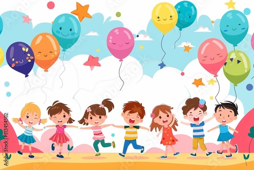 Happy children's day with toys background poster with happy kids vector illustration.