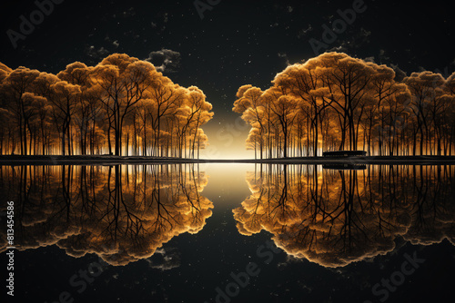 A peaceful painting of a forest reflected in a still lake at night. The full moon shines brightly in the dark sky
