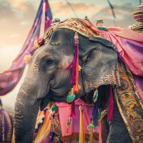 A fashionforward elephant adorned in colorful Thai fabrics parades in a New Years festival, framed by a banner sharpen with copy space