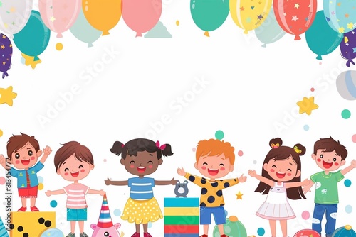 Happy children's day with toys background poster with happy kids vector illustration.