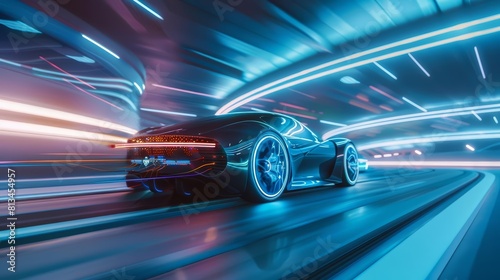 A futuristic electric car zooms through a glowing city tunnel