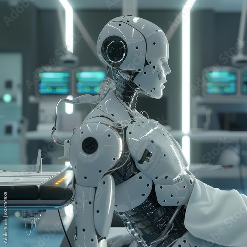 A futuristic medical robot scans a patient in a hightech lab, showcasing advanced diagnostics and personalized healthcare solutions, designed as a medical banner with copy space