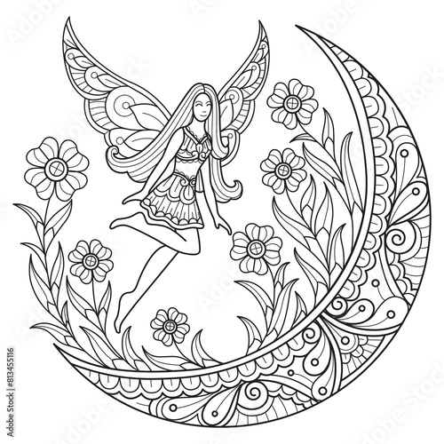 Flower moon and fairy hand drawn for adult coloring book