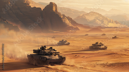 A depiction of armored vehicles maneuvering through a desert landscape during training exercises, showcasing the mobility and firepower of mechanized units in modern warfare.