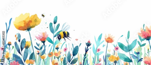 A kawaii watercolor of a busy bee pollinating a field of wildflowers under a bright summer sky  Clipart isolated on white