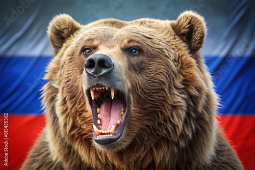The state symbol of Russia. An angry, growling Bear on the background of the Russian flag. Tricolour. Don't wake up the Russian bear. © Юлия Клюева