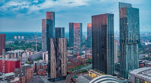 Photography Aerial panoramic image of Deansgate Manchester early morning