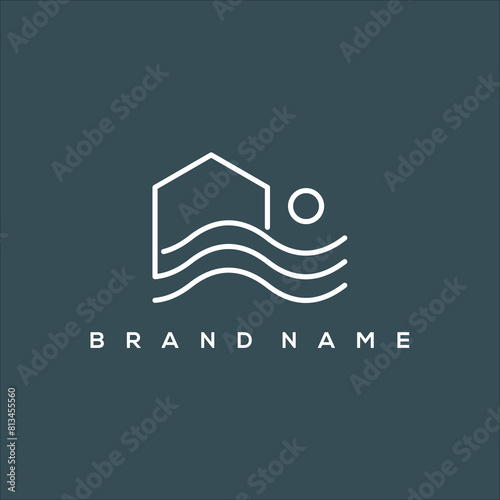 line art wave river and lake house with sun logo vector